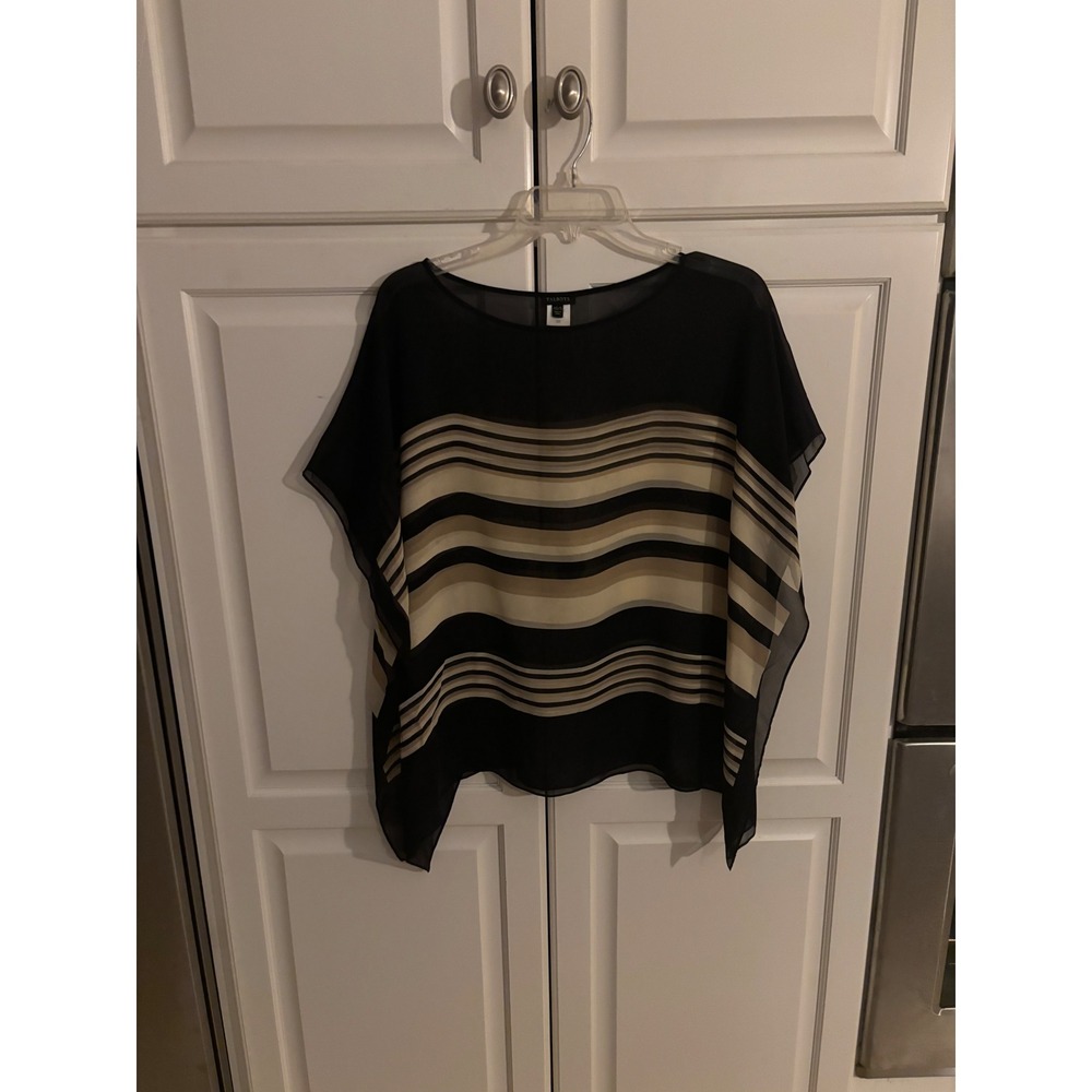 Talbots 100% Silk Poncho Top Black Tan Striped Chiffon Scoop Neck XS/S